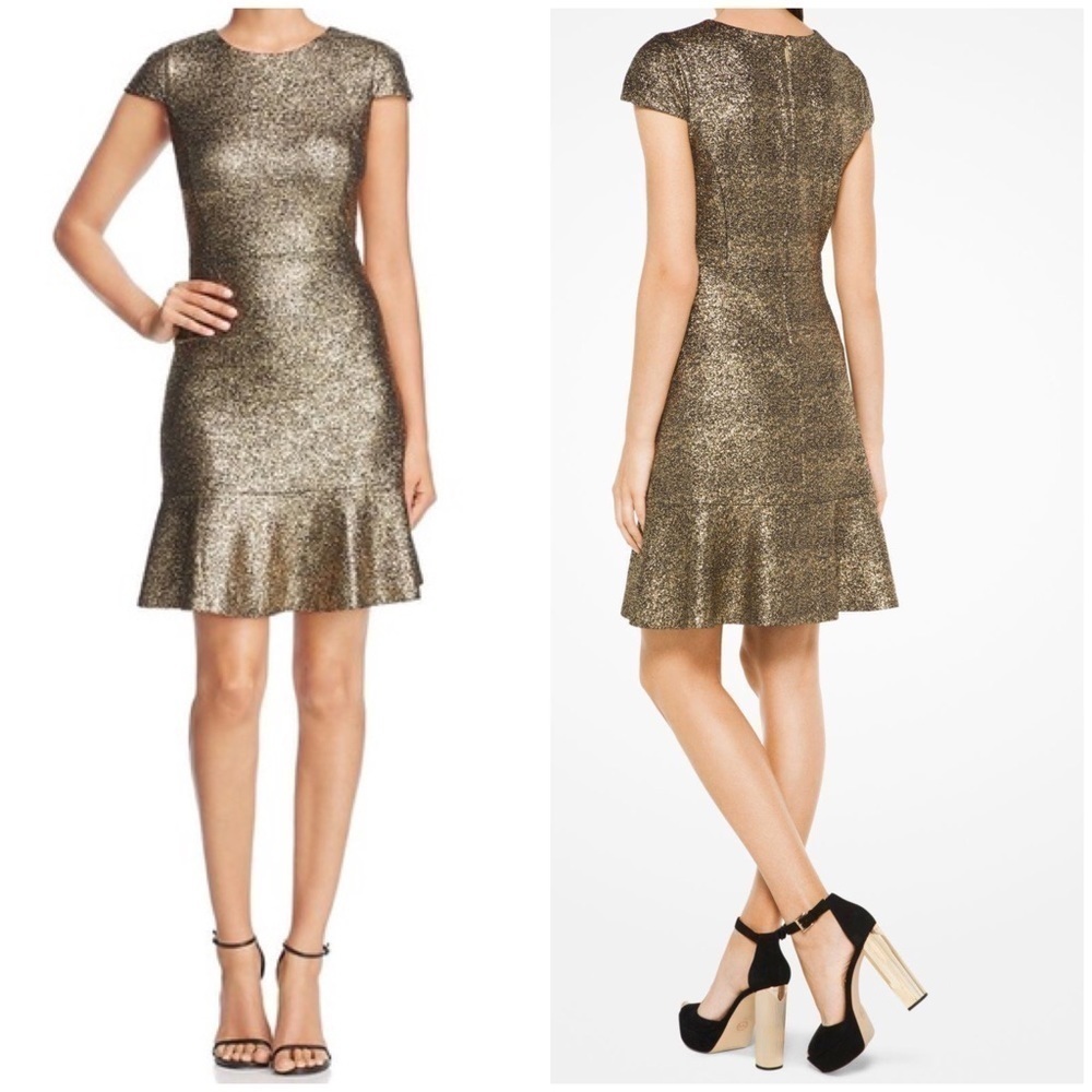 MICHAEL Michael Kors Dress Metallic Gold Flounce Ruffle Cap Sleeve Fit & Flare M